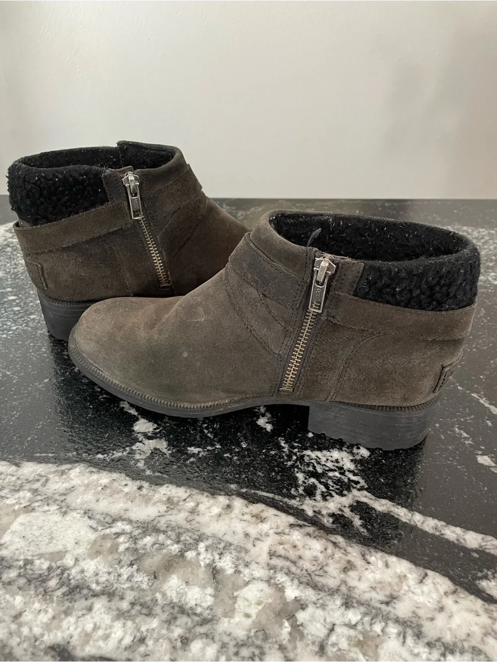 UGG Dark Brown Suede Ankle Booties with Black Shearling Collar
